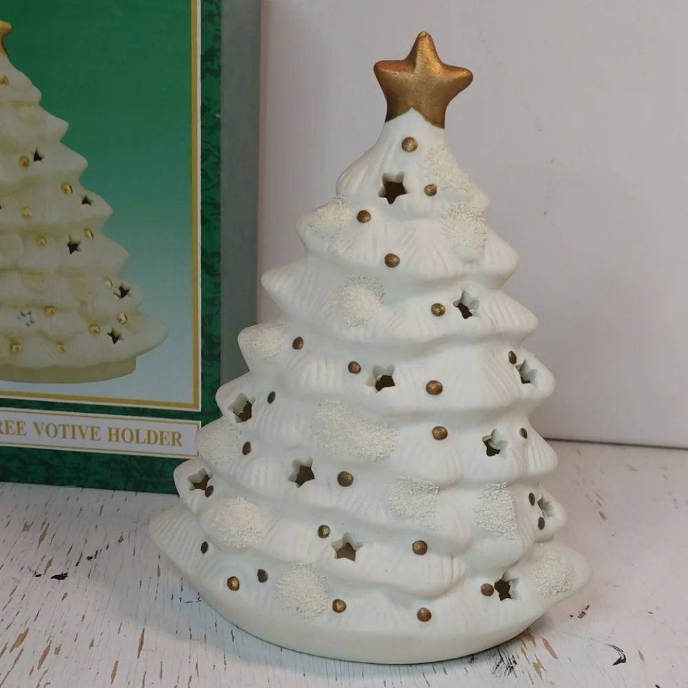 Vintage Matte Ceramic Christmas Tree Votive Holder White w Gold Star Decoration